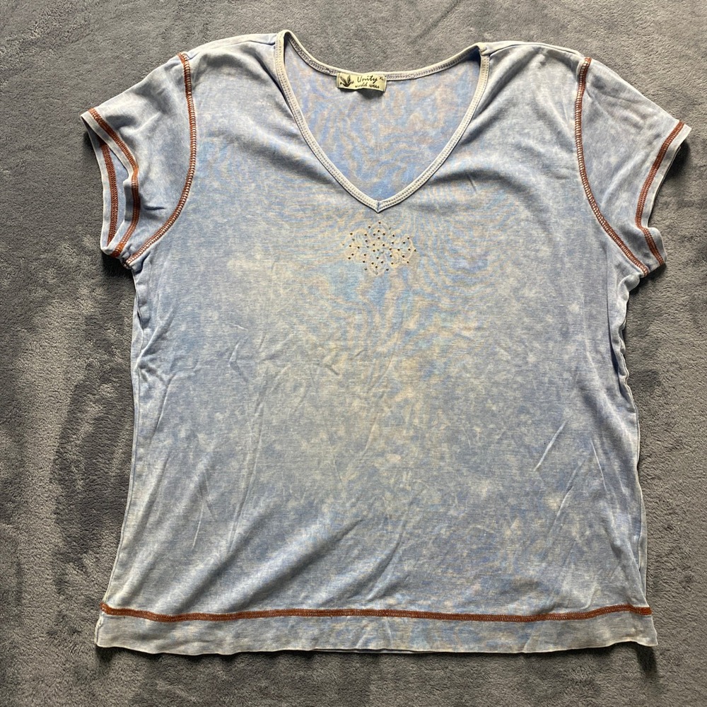 Vintage Y2K Unity World Wear Tee Womens XL Blue Acid Wash Rhinestone Made in USA